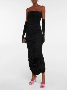 Alex Perry Haynes strapless ruched midi dress and gloves set in black S NWT